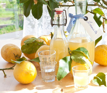Homemade Limoncello bottles with lemons around and  small drinking glasses