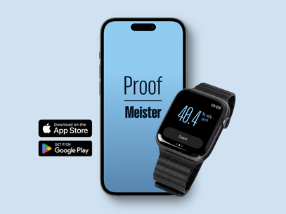 Smartphone and smartwatch on a blue background displaying the 'Proof Meister' app, with the phone screen showing the app title and the watch presenting an alcohol proof reading of 40.4%. App store icons for downloading from the Apple App Store and Google Play are visible below, demonstrating the app's cross-platform compatibility for distilling and alcohol proofing.